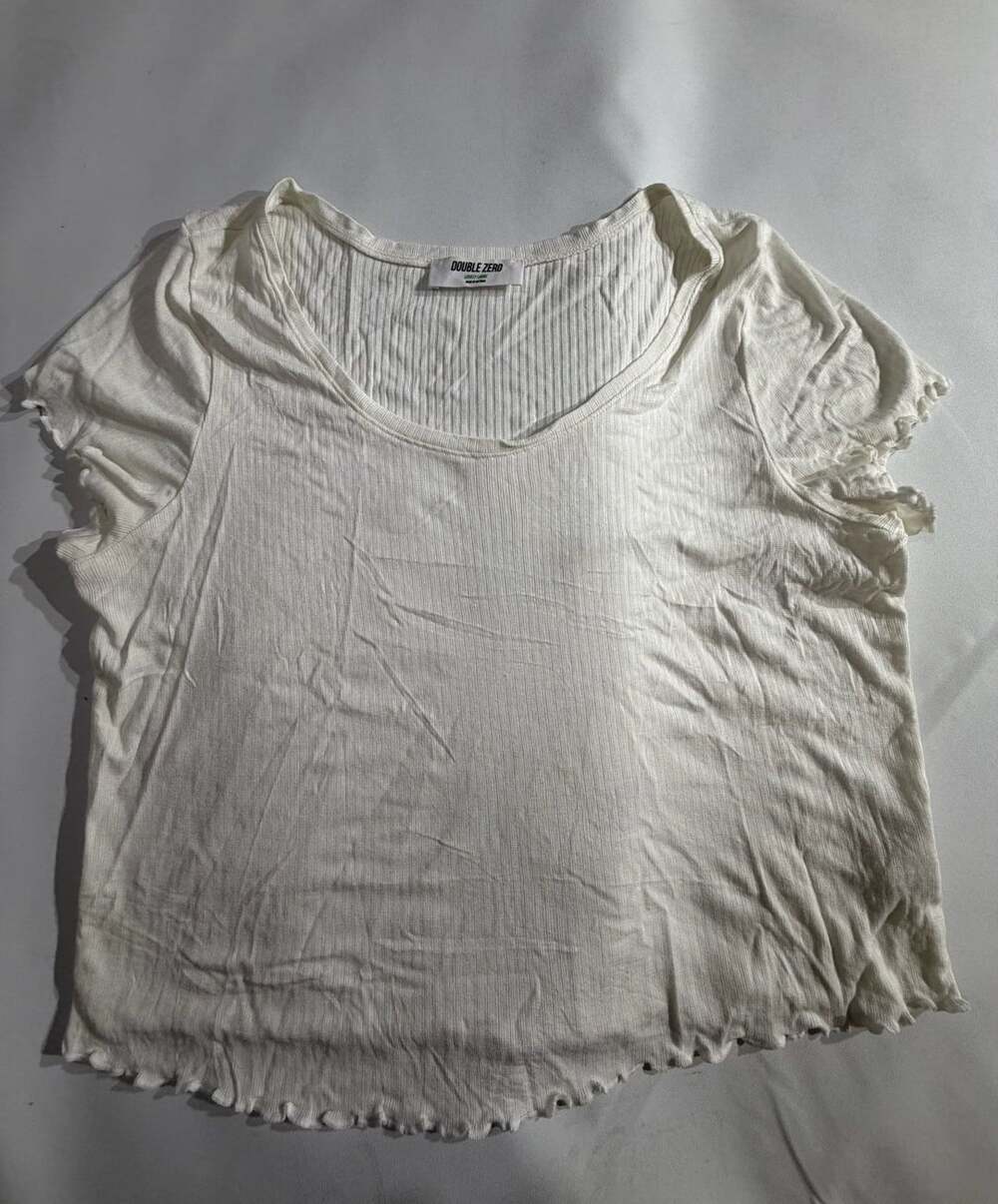 Double Zero White Ribbed Lettuce Trim Short Sleeve Top Womens L